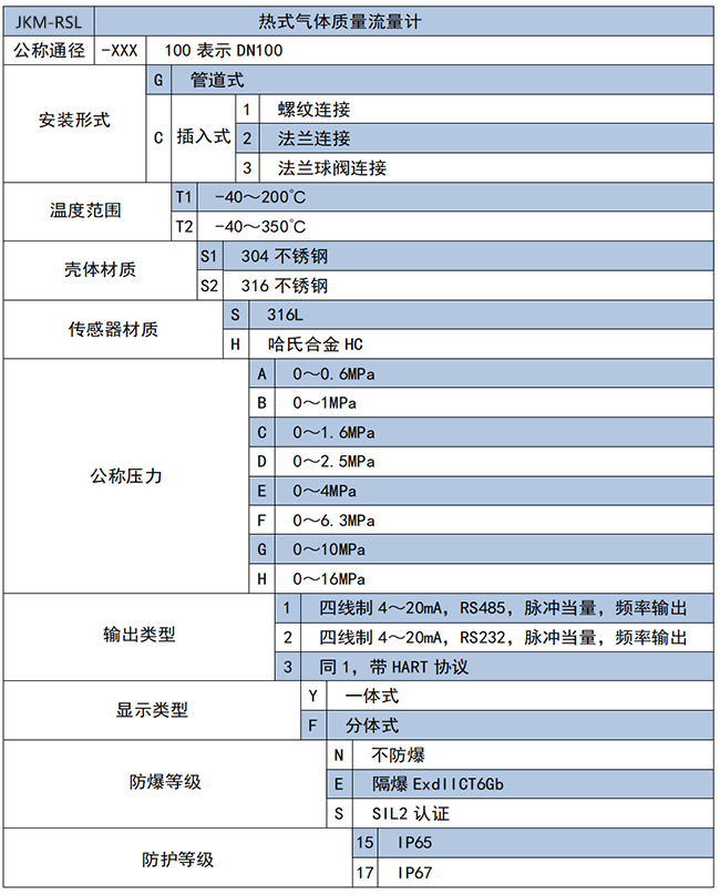 智能熱式氣體質量流量計選項表
